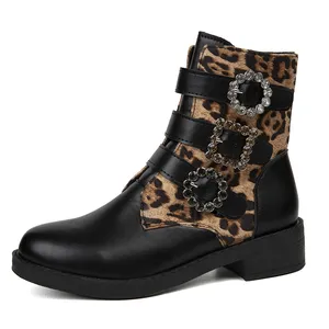 2022 nova plataforma botas femininas dedo do pé redondo rendas até couro do plutônio designer curto tornozelo cáqui preto leopardo impressão botas