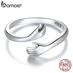 Fine S Bamoer Sterling Silver Hug hug Warmtht and Love Hand Adgationable Ring for Women Party Jewelry