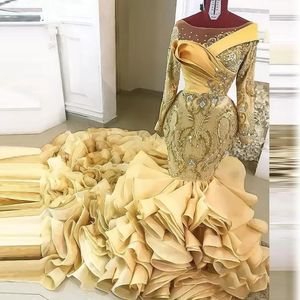 2023 Gold Ruffles Mermaid Prom Dresses Sheer Neck Appliques Beads Tiered Puffy Bottom Plus Size Evening Gowns Aso Ebi Party Dress