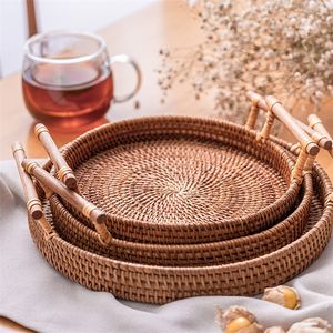 Aufbewahrungskörbe, handgewebtes Rattan-Aufbewahrungstablett mit Holzgriff, runder Weidenkorb, Brot, Lebensmittelteller, Obst, Kuchenplatte, Abendessen, Serviertablett 220912