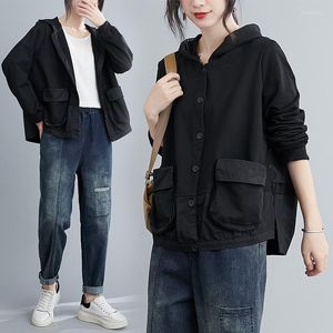 Kvinnorjackor Kort fett MM Spring och Autumn Korean Lossa stora avslappnade m￥ngsidiga fickstygn Huven Cardigan Jacket Fashion