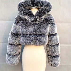 Mulheres Fur Faux Zadorin Alta Qualidade Ry Cropped Casacos e Jaquetas Mulheres Fluffy Top Coat com Capuz Jaqueta de Inverno Manteau Femme 220912