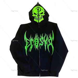 Mens hoodies tröjor fluorescerande grönt skalle mönster kläder tonåring streetwear överdimensionerade anime hoodie män harajuku zip tröja y2k punk kläder 220912