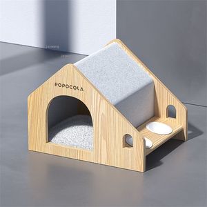 Cucce per cani Cucce per cani di design semi-chiuso in legno massello Balcone interno Casette per cani di piccola taglia Gatti Nido Gattino Villa Animali domestici Letto Forniture con ciotole 220912