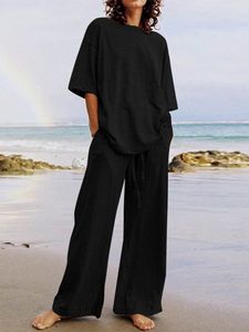 Dwuczęściowe spodnie damskie Celmia Fashion Women 2pcs Sets Sets Summer Latowe luźne wakacyjne kieszonkowe Zestaw Połowa rękawów T Top i szerokie nogi garnitury 220912
