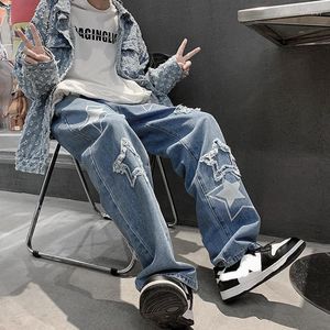 Jeans da uomo Vintage Pantaloni da uomo in denim coreano da donna Y2K Cltohes Streetwear Patchwork stampato Pantaloni larghi da uomo per uomo