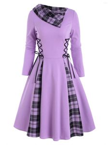 Freizeitkleider Damen Lace Up Plaid Umlegekragen Vintage Gothic Lange Ärmel Mode Knielang Partykleid