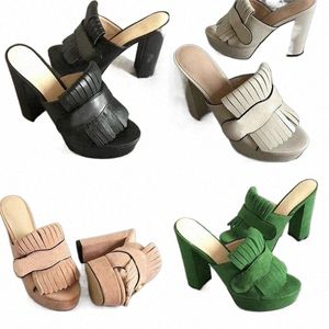 2022 women Fashion Platform Pump Sandal Mid-Heel Slide Designer Sandal leather Fold Over Fringe Detail Party High Heel
