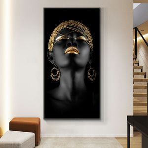 Leinwandgemälde Frau Öl auf afrikanischer Kunst Schwarz und Gold Cuadros Poster und Drucke skandinavisches Wandkunstbild für Wohnzimmer KEIN RAHMEN