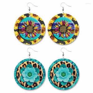 Dangle Earrings Sunflower Leopard Print Round Leather For Women Summer Fashion Designer Jewelry Circle Baseball Drop