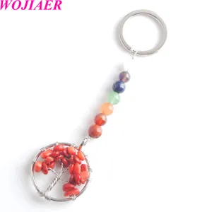 Tree of Life Key Chain 7 Chakra -Kettenkex Ring für Frauen Mädchen Handtasche Naturstein Rot Koralle Fluoritschmuck Geschenke BW905