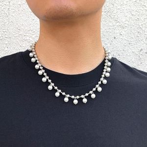 Anhänger Halsketten Hip Hop Silber Farbe Eisen Perlen Kette Choker Halskette Für Männer Barock Kleine Simulierte Perlen Quaste Kragen Goth schmuck