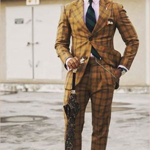 Мужские костюмы Blazers Brown Classic Tweed Suit для мужчин Slim Fit Groom Wedding Tuxedo Blazer Мужская формальная деловая куртка брюки 2 шт. 220909