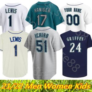 2022 Anpassade tröjor S-4XL 24 Ken Griffey Jr. 34 Felix Hernandez 11 Edgar Martinez 17 Mitch Haniger 15 Kyle Seager 51 Suzuki Ichiro Jersey