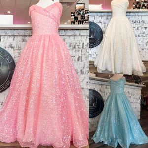 Abito da spettacolo rosa per bambine 2023 Cinghie con paillettes scintillanti Collo per bambini Compleanno Vacanze Fun-Fashion Runway Abito da festa formale Toddler Teens Preteen Blu Bianco