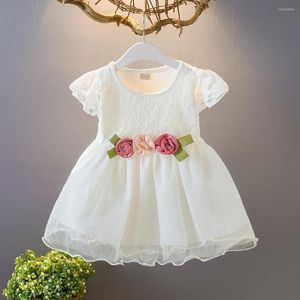 Sukienki dziewczynki Ruched koronkowy szyfon sukienka Summer Toddler Baby Kids Floral Tiulle Princess White Bow Tow