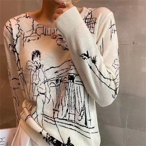 Dames t shirt fijne imitatie wol gebreide korte mouwen top graffiti digitale jacquard pullover dames trui zomer trendy