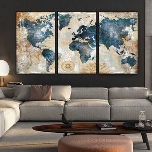 3 painéis de mapa mundial de mapa de aquarela impressão hd na tela paisagem modular pintura de parede sofá cuadros art pict para sala de estar