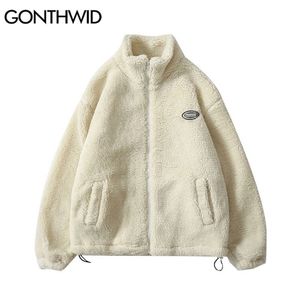 Herrjackor hiphop vinter fleece fluffig jacka streetwear harajuku fuzzy blixtlås päls män hösten fast färg lättvikt svart beige 220912