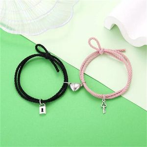 Pulseiras de casal de ￭m￣s para amantes Lock Heart Magnetic Bracelet para homens homens Presente de j￳ias de corda tran￧ada ajust￡vel