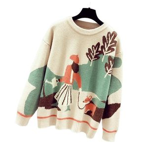 Women's Sweaters 2022 Autumn Fashion Round Neck Long-sleeved Pullover Top Women's Cartoon Printing Japanese Loose Knitted Sweater