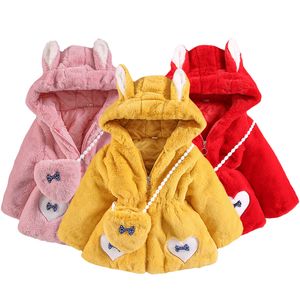 Jackets Plush With A Bag Winter Girls Jacket Cartoon Rabbit Keep Warm Outerwear For Kids Children Birthday Present Coats 220912