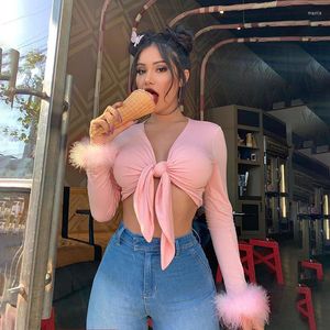 Women's T Shirts Summer Women Top Solid Color Casual Sexy T-shirt Crop Blouse Deep V-neck Camisole Lace Feathers Sleeves Pink Cute Shirt