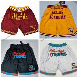 Vintage sadece 14 Will Smith Taze Prens Don Basketbol Şortları Bel-Air Akademi Cep Pantolonları Flint Tropics Semi Pro 33 Jackie Moon Retro BCK Kırmızı Sarı Erkek fermuar