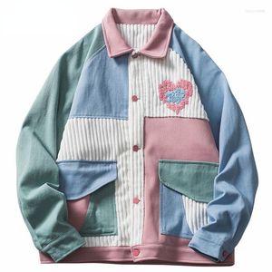 Men's Jackets Men's Color Block Patchwork Heart Jacket Men Corduroy Hip Hop Autumn Harajuku Cotton Casual Streetwear Neutral Woman