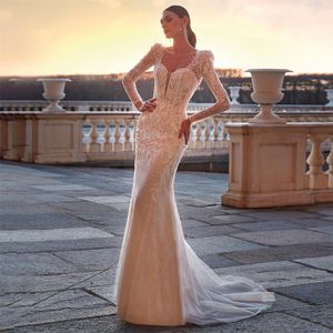 Eleganti abiti da sposa sirena a maniche lunghe con paillettes a v sul collo appliques abiti da sposa 3d guaina sexy abiti da sposa spazza