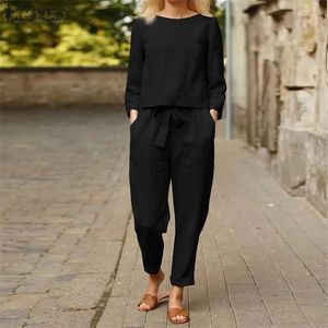 Women's Two Piece Pants ZANZEA Women Long Sleeve Sets 2PC Autumn Suits Solid Casual Long Cotton Pants O Neck Blouse Loose Harem Trousers Oversize 220912