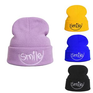Beanie Skull Caps Women s Woolen Hats Autumn and Winter Thin Knit Ear Protection Lovers Embroidered Letters Smile