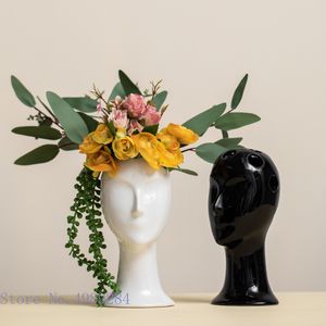 Ceramic Head Vase Artistic Flower Arrangement Head Hole Abstract Ceramic Face Ornament Home Furnishings Vases Pots Decor