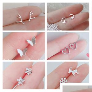 Stud Fashion 925 Sier Igle Koreańskie Kolczyki Kobiety Dziewczyny Cute Bowknot Love Heart Colring 10-12 mm Drop dostawa 2021 Żydów Lulubaby Dhrr2