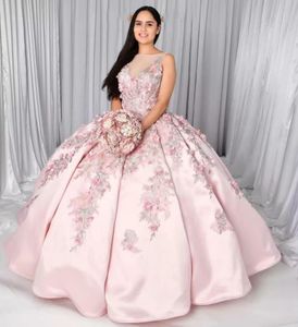 Светло -розовое принцесса бальное платье Quinceanera платья атласные аппликации 3D Handemade Flowers Flower