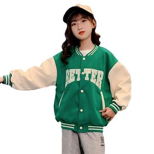 재킷 스프링 가을 녹색 야구 재킷 큰 어린이 십대 십대 여자를위한 캐주얼 옷 스포츠 외부 코트 나이 4 5 7 9 11 13 년 220912