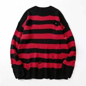 Mens Sweaters Guo Ins Retro Couple Broken Cave Sweater Korean Version Of The Brand Loose Round Collar Strip Wearing A Womens 220912