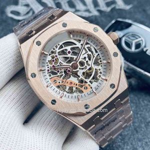 Self-wind Watches Men Automatic Mechanical White Rose Gold 42mm Hollow Skeleton 316l Stainless Steel Business Wristwatches