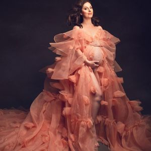 Vestidos de maternidade de luxo vestido de baile feminino gr￡vida com flores 3D Fancy Long Baby Subster Vestidos de Photo Prop