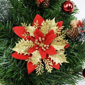 Julglitter konstgjorda blommor rött guld xmas träd ornament stora blommhuvuden för hem nyår navidad festdekor