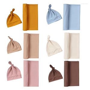 Filtar H37A Born Baby Cotton Swaddle Wrap Handduk med pannbandshatt 2st/set för Girls Boys Pography Props Gift