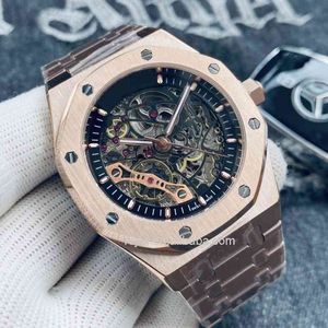 Dębowe zegarki samodzielne zegarki Mężczyzn Automatyczny mechaniczny 42 mm pusty szkielet Rose Gold 316L Stal nierdzewna zegarowe zegarki biznesowe