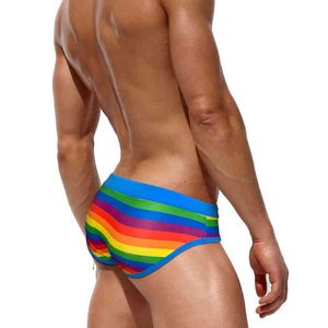 Moda de banho masculina moda de arco -íris listras de banho de banho nando nadar curto bolsa swimshil swims swim swim wear praia surf swimsuit esportes curtos j220913