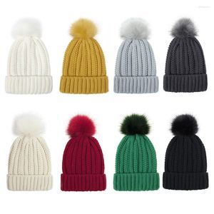 Berets Mode Winter Strickmützen Beanie Mütze für Frauen Satin gefüttert Kunstpelz Pom Damen warme dicke Totenkopfmütze weich dehnbar