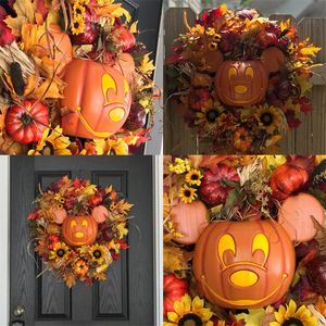 Halloween Dekoration Herbst Kürbiskranz für Haustür mit Kürbissen Künstlicher Ahorn Sonnenblumen Herbsternte Urlaub Dekor E3
