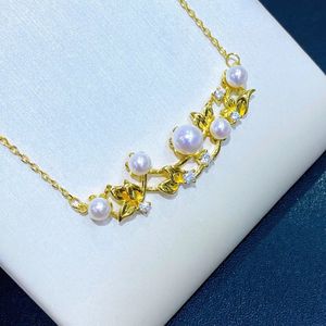 2209102 Collana di gioielli di perle da donna aka 4-6mm fiori pendent chocker 40/45cm au750 placcato oro giallo 18 carati