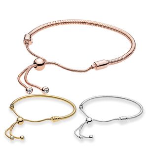 Autentisk 925 Silver Snake Chain Slider Armband Women's Wedding Designer Jewelry for Pandora Yellow Rose Gold Charms Armband med Original Box Set