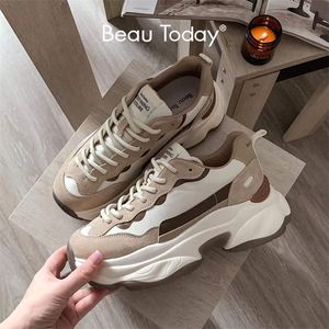 Dress Shoes BeauToday Platform Sneakers Women Suede Leather Patchwork Fabric Round Toe Mixed Color LaceUp Chunky Sole Ladies Trainers 29430 220913