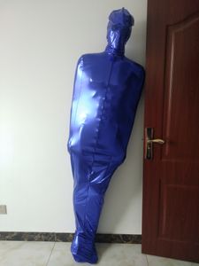 Blue Shiny Metallic Unisex Mummy Catsuit Costumes Body Sleeping Bag Sexig Halloween Cosplay Suit med inre armhylsa kan avtagbar mask öppna ögon