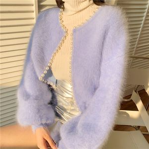 Suéteres femininos lanterna gentil lanterna de malha de malha Cardigan Jaqueta coreana puxe doce temperamento de peles rosa 220913